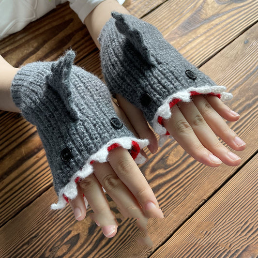 Cartoon Half Finger Knitted Gloves-Fashion&Accessories-Get warm and have fun with Cartoon Grey Shark Knitted Gloves. One size fits all for a playful and cozy winter. -okidokibro