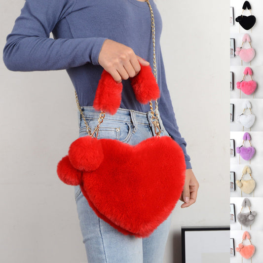 Hearth Bag red color with the different colors from the side and a woman holding it 
