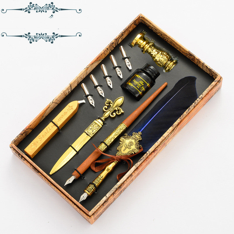 Deluxe Feather Pen Set-Holiday Gifts-Discover true elegance in writing with our Deluxe Feather Pen Set. Vintage quill, metal stamp, and more. Perfect gift for refined taste.-okidokibro