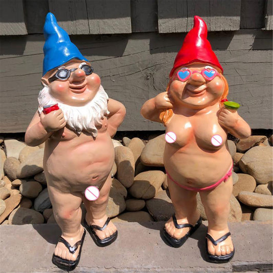Nudist Garden Gnomes man and woman next to each other 