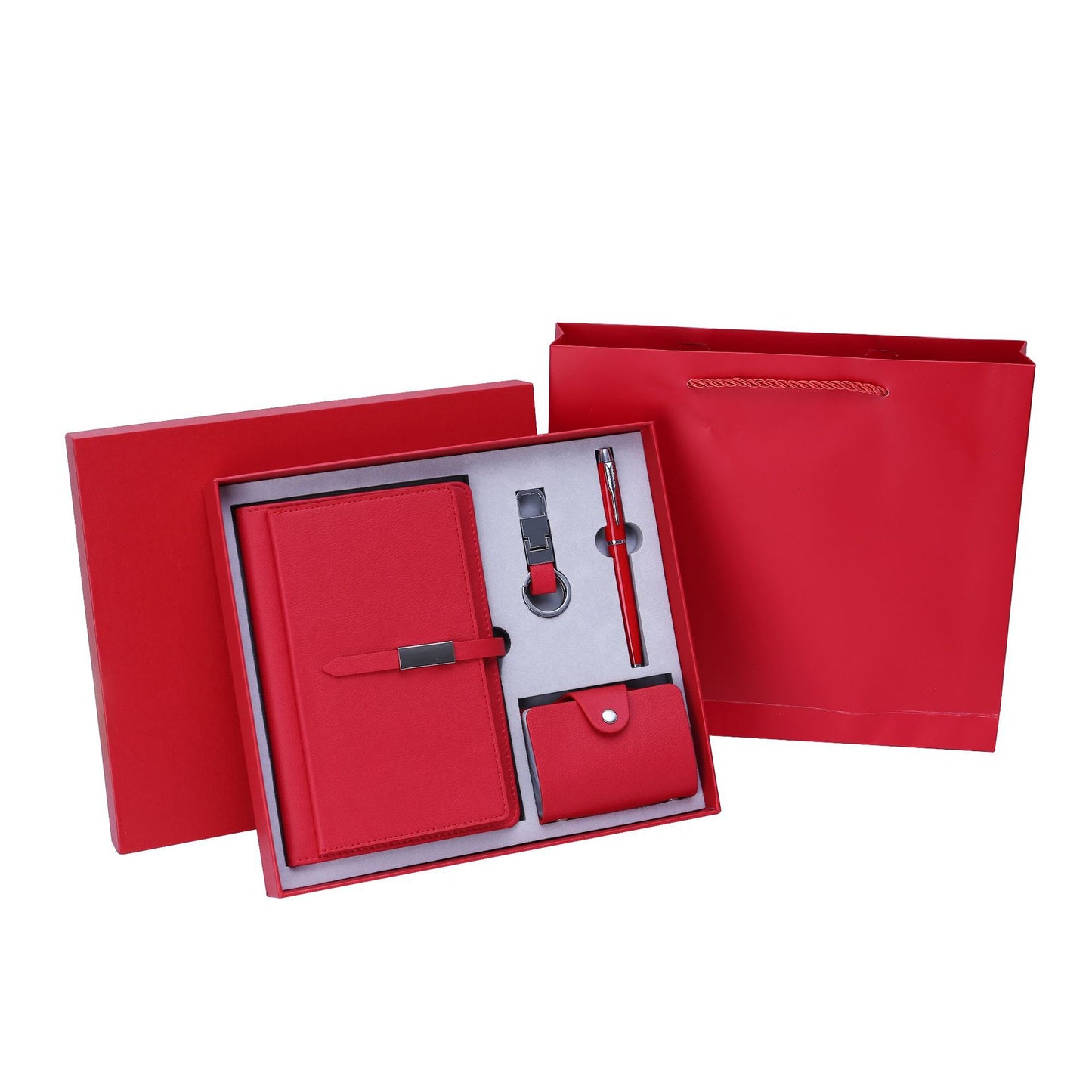 Executive Business Gift Set-Leather Notebook, Pen, Key Chain, and Card Holder-Holiday Gifts-Elevate your note-taking experience with our Executive Business Gift Set. Featuring a PU Leather Notebook with wireless glue binding, pen, key chain, and card holder.-okidokibro