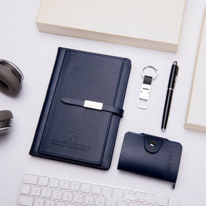 Executive Business Gift Set-Leather Notebook, Pen, Key Chain, and Card Holder-Holiday Gifts-Elevate your note-taking experience with our Executive Business Gift Set. Featuring a PU Leather Notebook with wireless glue binding, pen, key chain, and card holder.-okidokibro