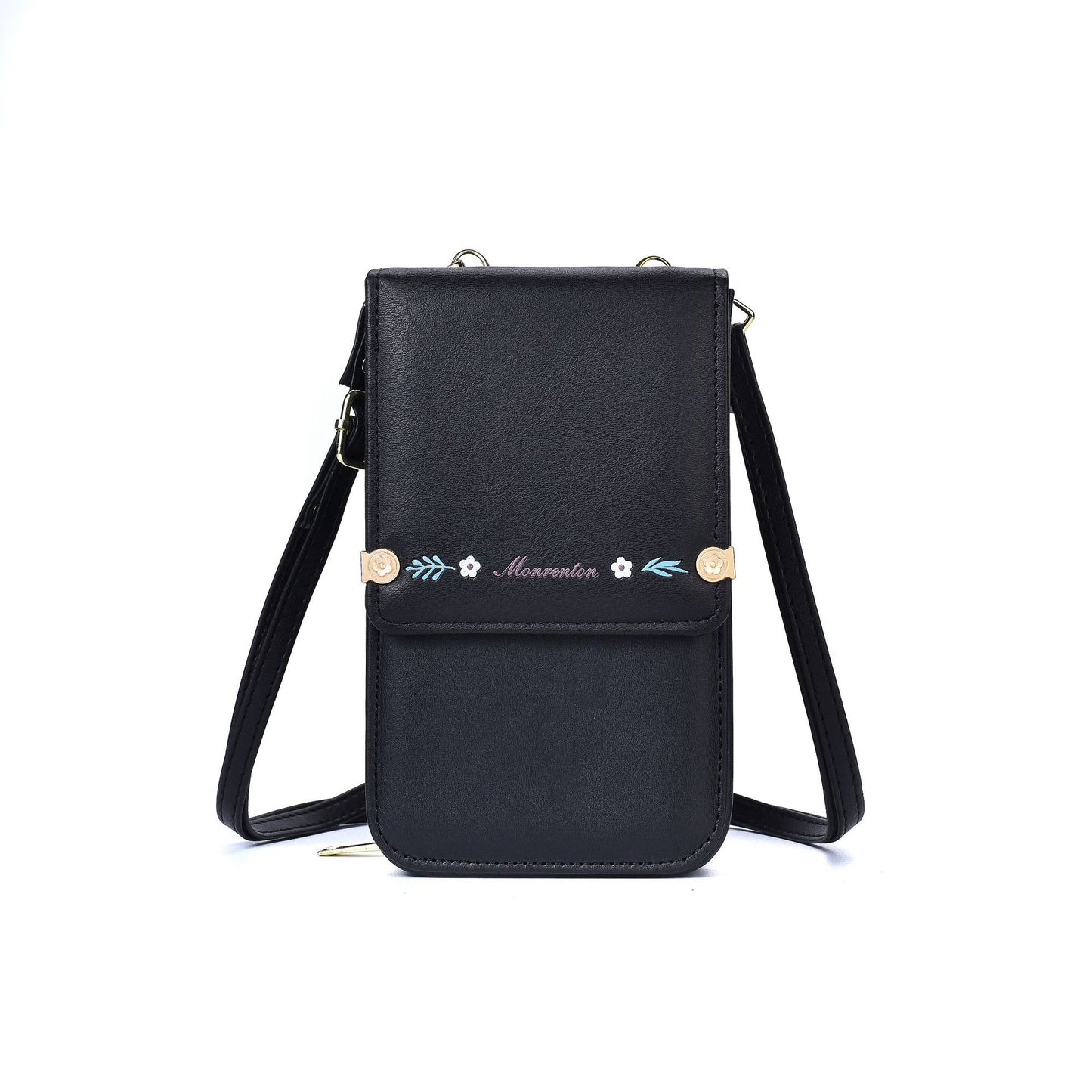Flowers Embroidery Mobile Phone Bag black color 