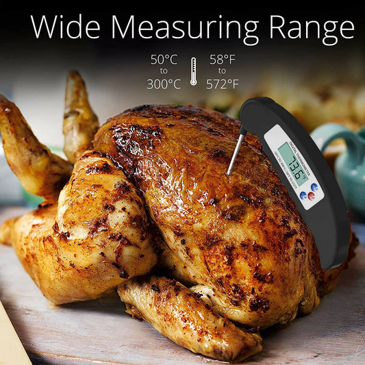 Digital Food Thermometer showcasing the product measuring the temperature of the chicken 