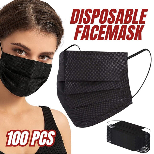 3-Ply Disposable Face Masks a woman wearing a black colored one 