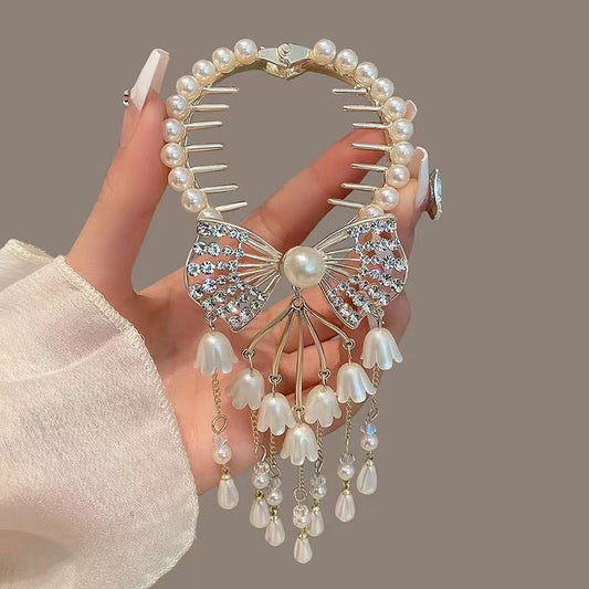 Vintage Lily Tassel Hairpin Headdress-Fashion- Embrace timeless elegance! Our Antique Lily Tassel Hairpin Headdress, adorned with rhinestone bow accents and floral motifs, offers a vintage-inspired charm.-okidokibro