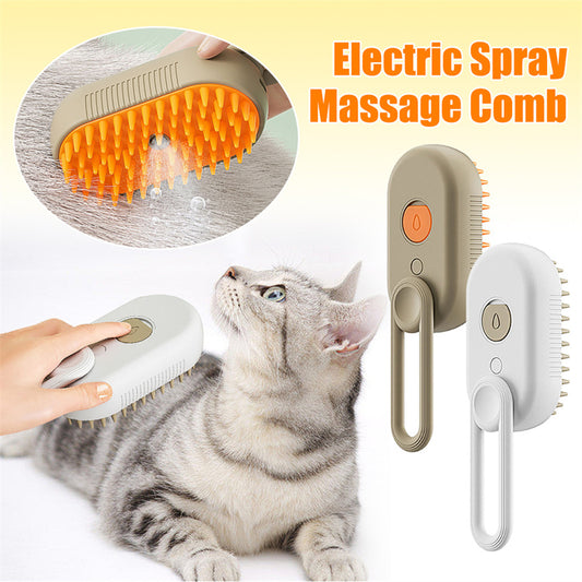 3in1 Steam Pet Brush showing the different color brushes and a cat getting groomed 