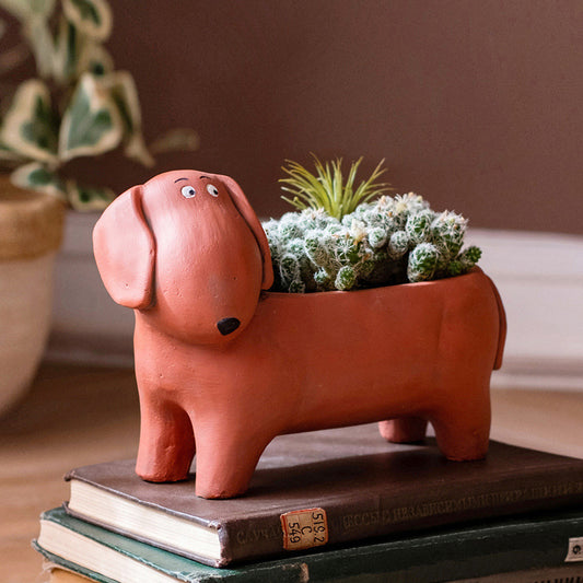 Sausage Dog Flower Pot with cactuses on a book 