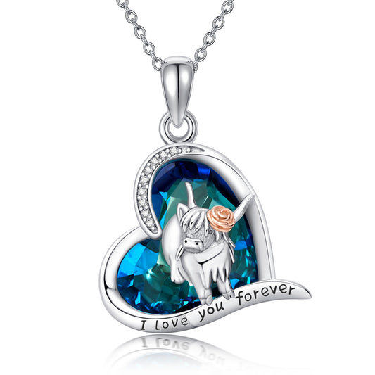 Cow Love Crystal Necklace-Fashion-Express love with the Highland Cow Necklace—a symbol of family love, adorned with a blue crystal heart, and crafted from 925 silver for timeless elegance.-okidokibro