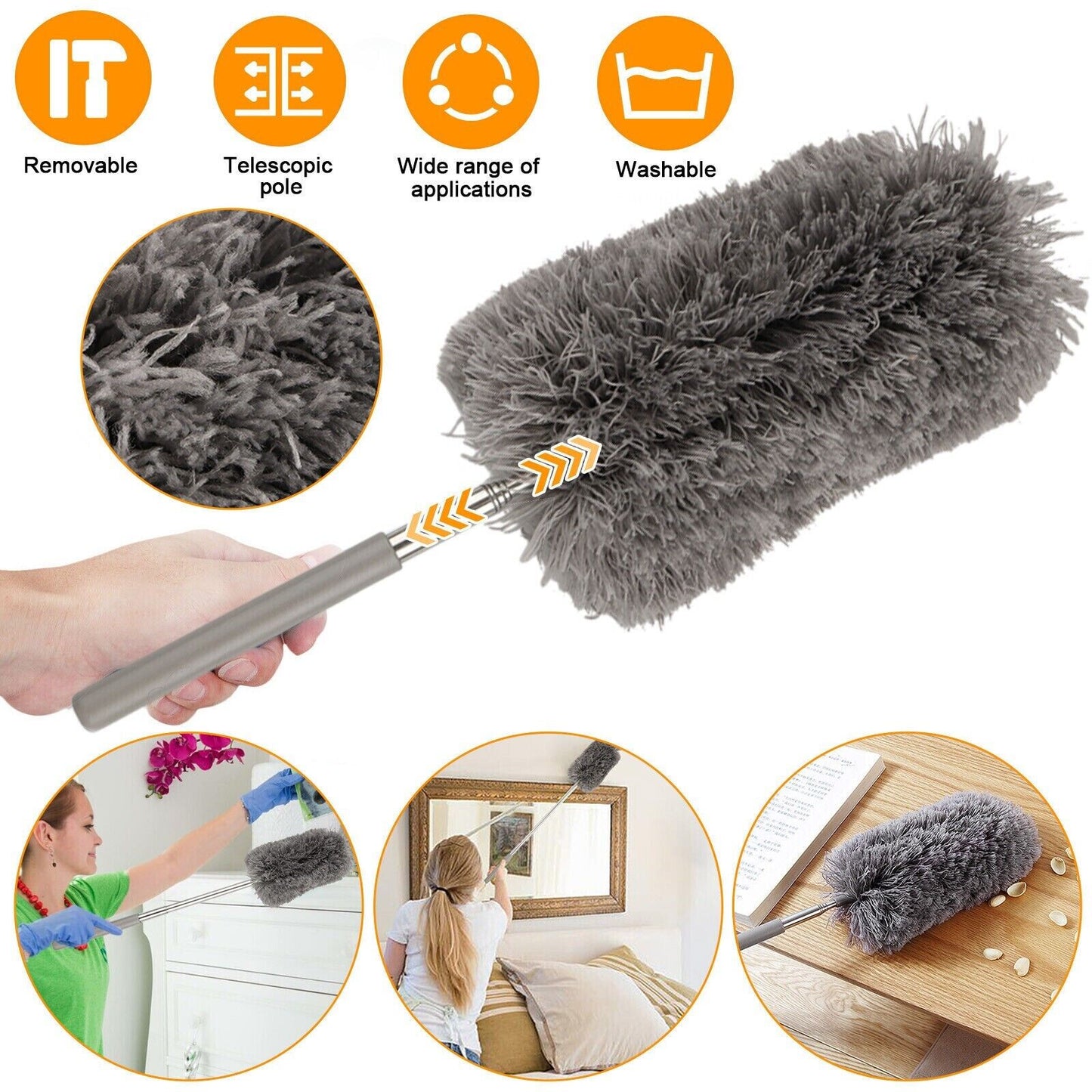  Telescoping Microfiber Duster showing the benefits and the multiple applications 