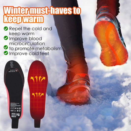 Heated Insoles showing all the benefits and a man walking on the snow 