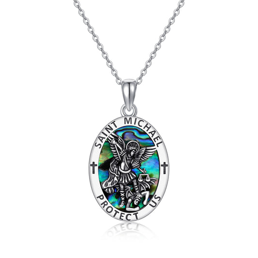 Sterling Silver Saint Michael Coin Pendant-Fashion-Embrace divine protection! Our Sterling Silver Saint Michael Medal Pendant, adorned with abalone shell, symbolizes strength, ideal for daily wear, baptism.-okidokibro