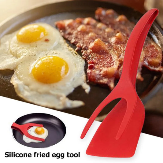 Grip and Flip Tongs red color with eggs and bacon in the background 
