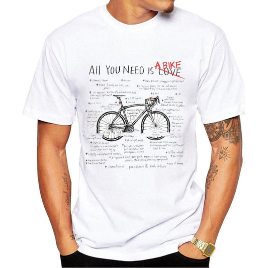 Men's Bike White T-Shirt-T-shirt-Elevate your style and love for biking with our White Polyester T-shirt featuring a 'All You Need Is a Bike' logo. Ride in fashion and comfort.-okidokibro